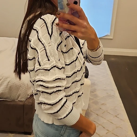 Central Park West White and Black Stripe Knit Hoodie Sweatshirt - Picture 3 of 5